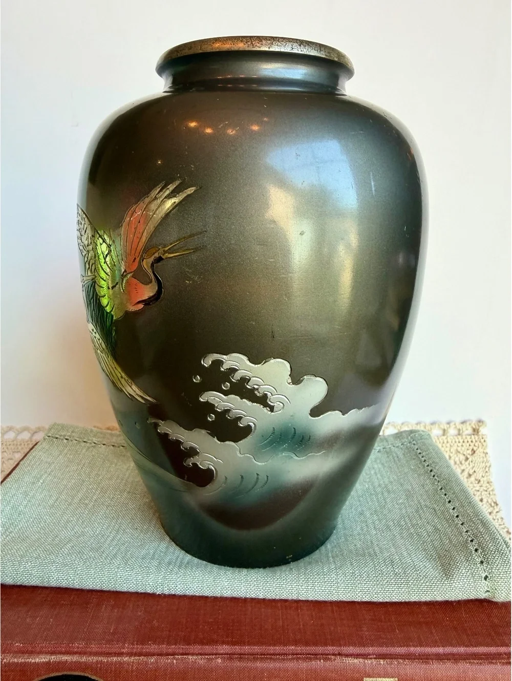 Vintage Japanese Metal Vase Cranes Herons Etched Waves Made in Japan 8.5